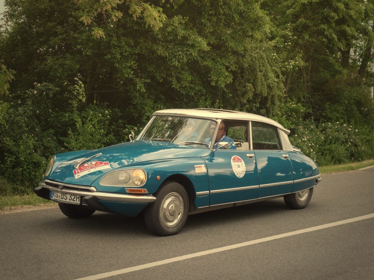 Citroën DS sur une route bordée d'arbres