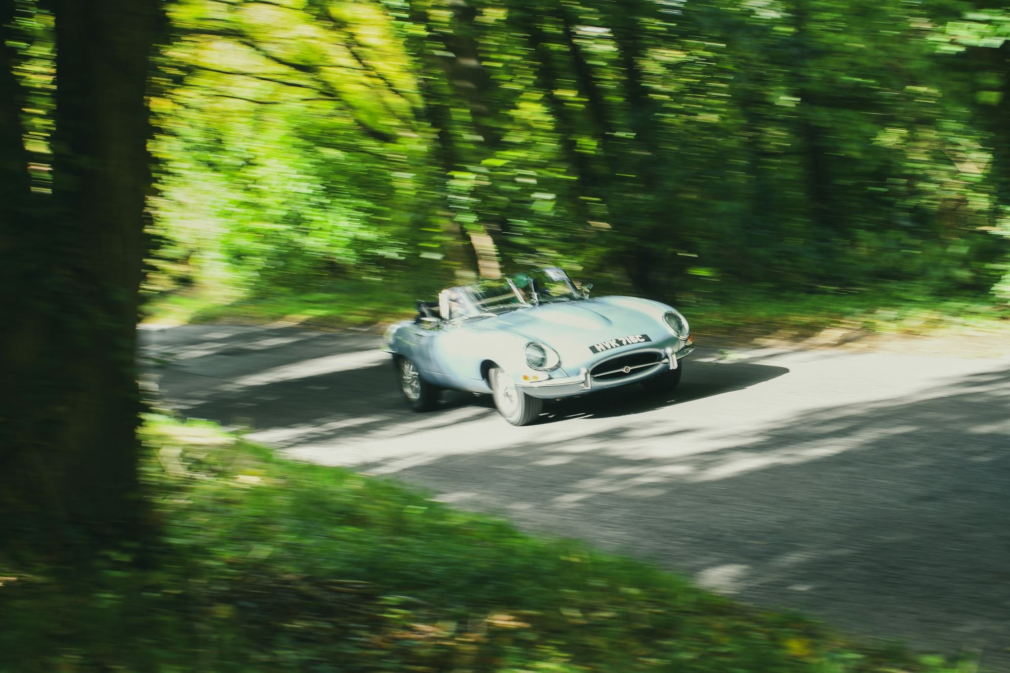 Un cabriolet ancien file sur une route bordée d'arbres